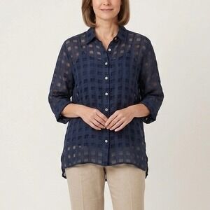Puro Lino Navy Blue 100% Linen Sheer Check Button Down Shirt Made in Italy Sz M